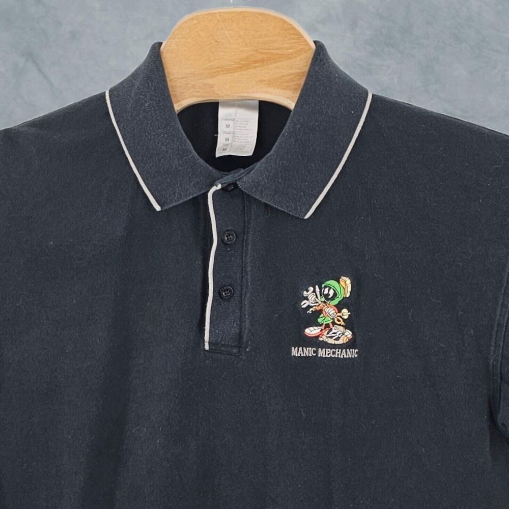 Vintage Warner Bros Studio Store Marvin Martian Black Polo Shirt Mens Medium Y2K